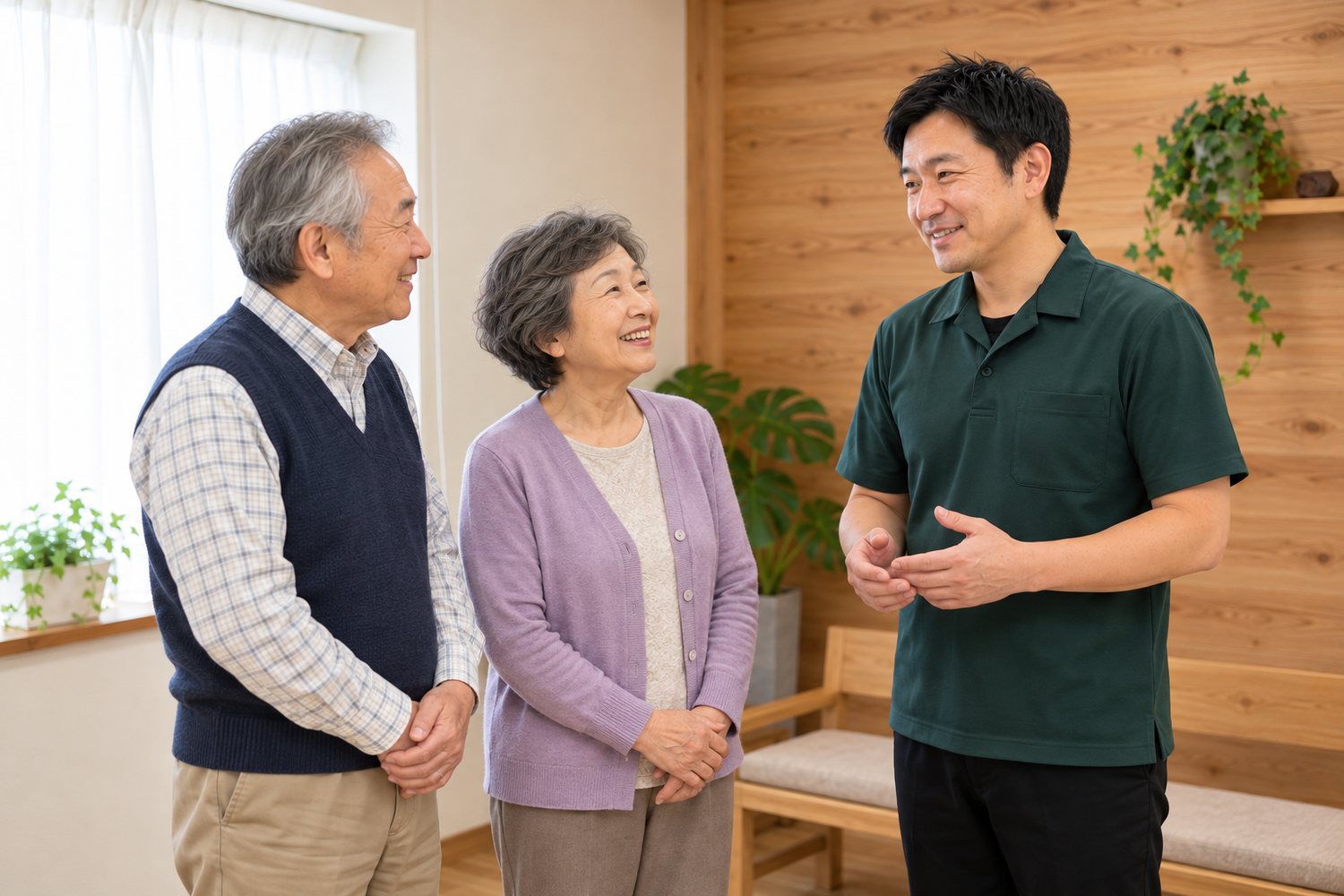 待合で、施術を終えたご夫婦と立ち話をする院長(掲載イメージ)