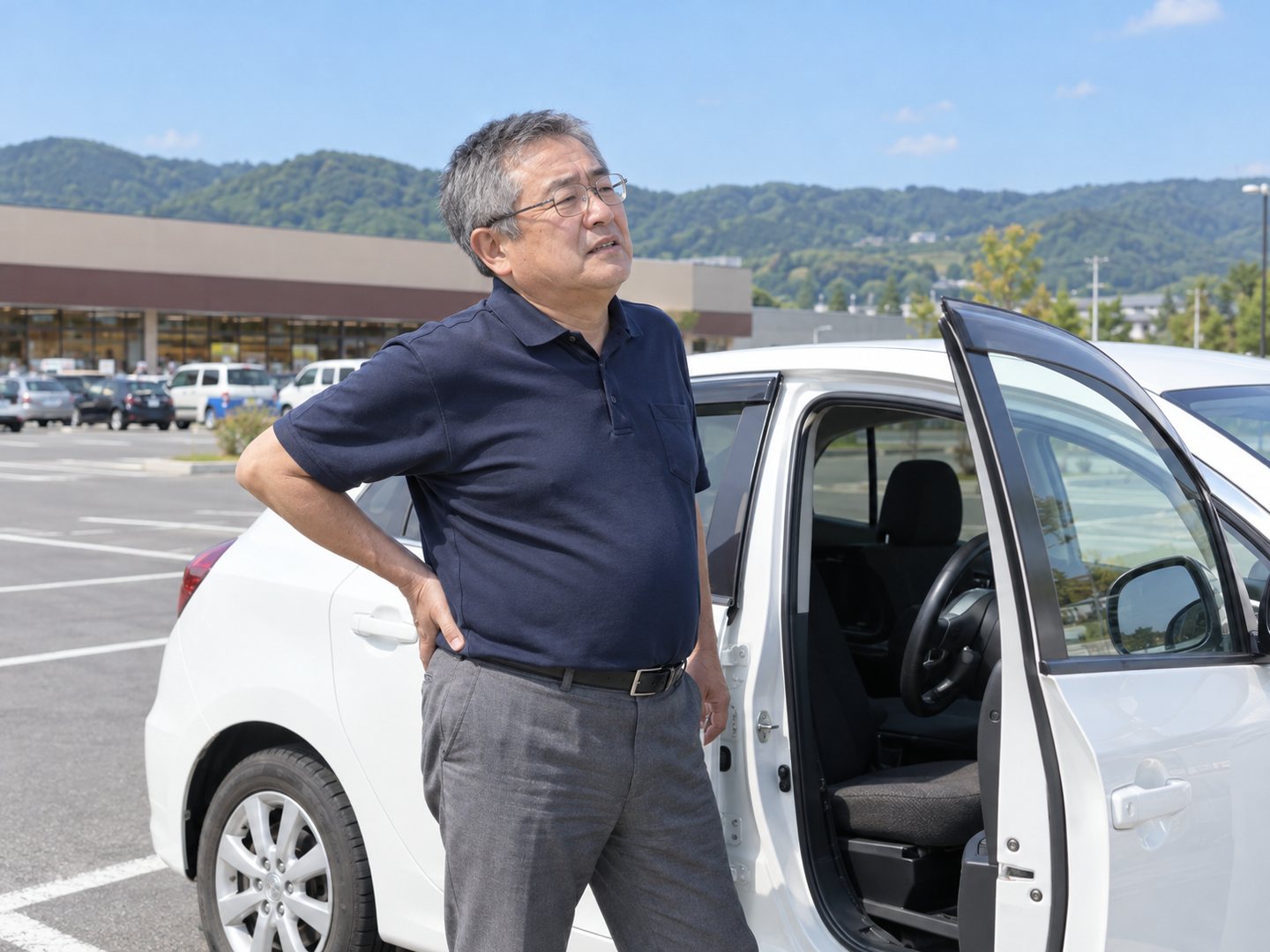 車から降りて、腰に手を当てて伸ばす男性(掲載イメージ)
