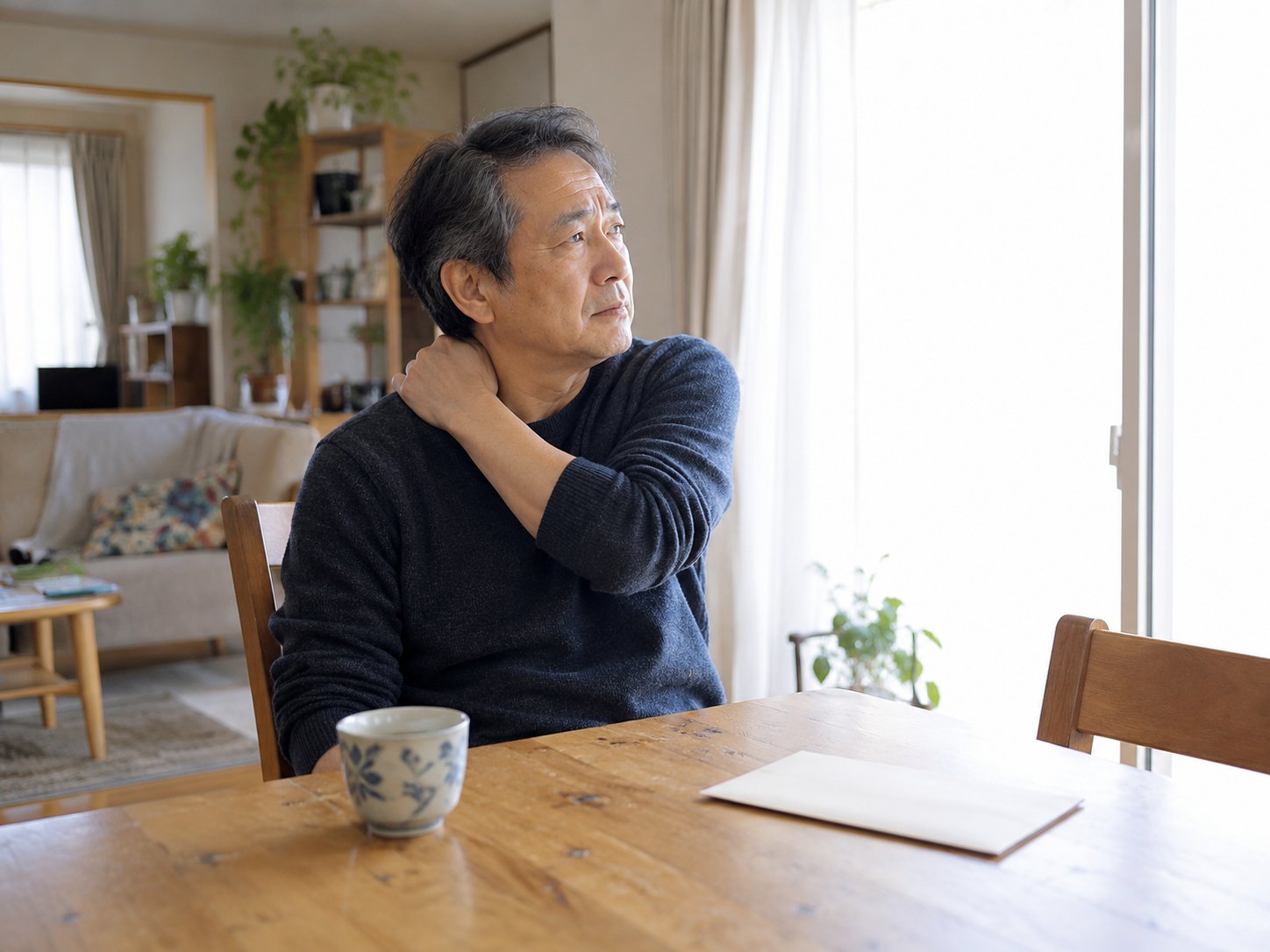 首から肩をさすりながら窓の外を見る男性(掲載イメージ)