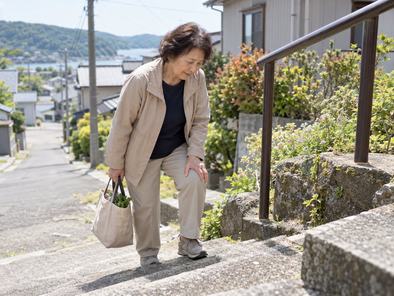 坂道の途中で膝に手を当てる女性(掲載イメージ)