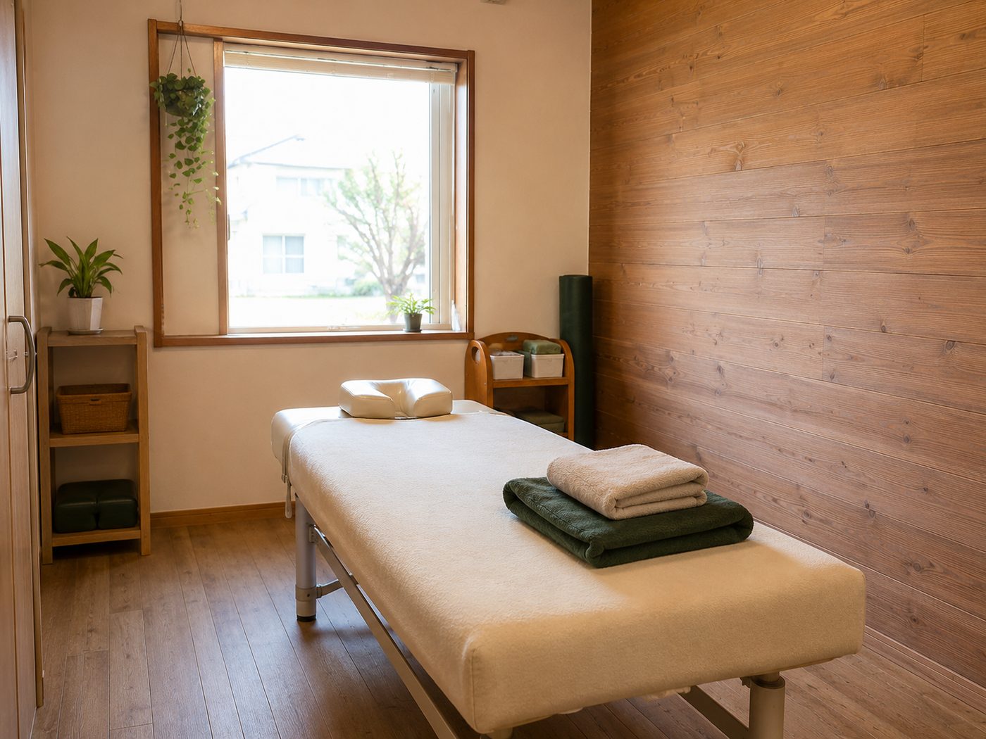 木目調の落ち着いた施術室と施術ベッド