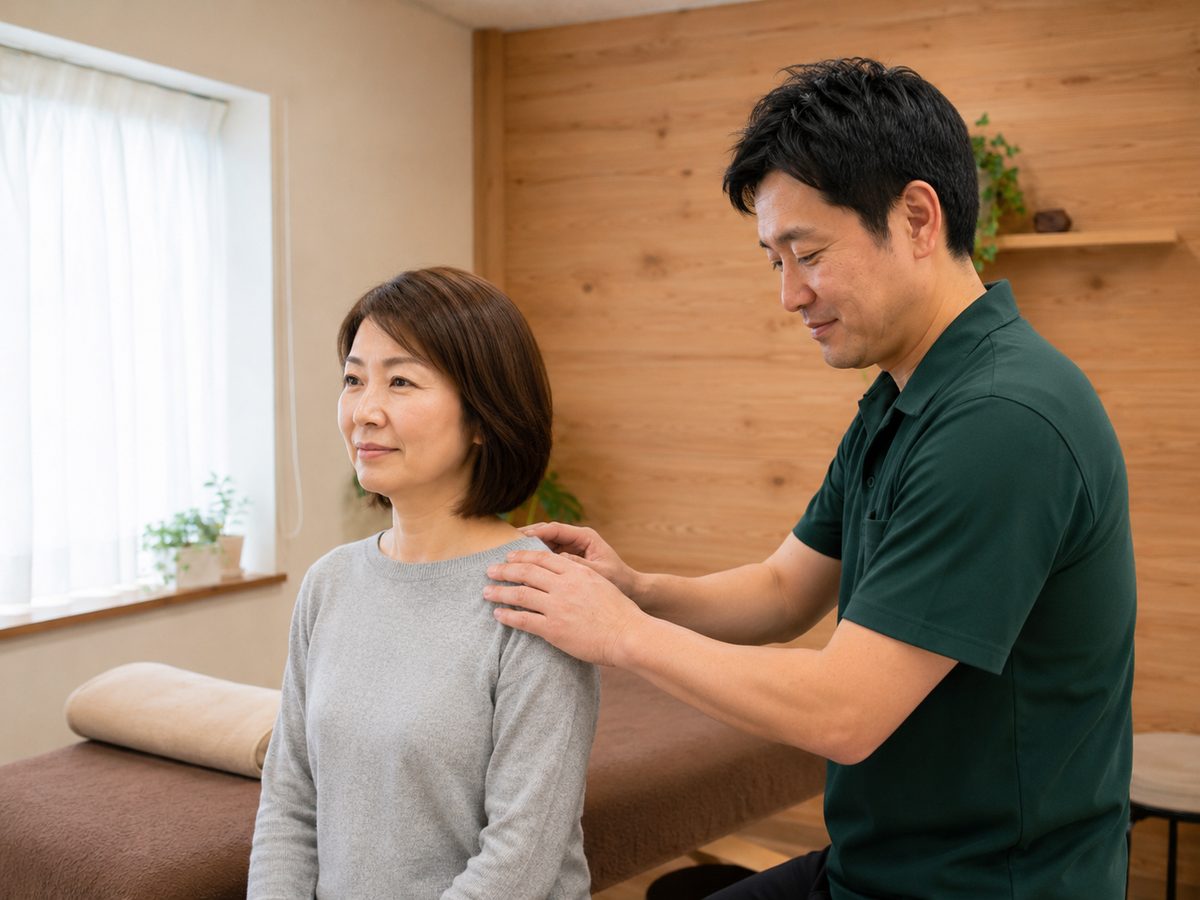 肩まわりの状態を確認しながら施術している様子