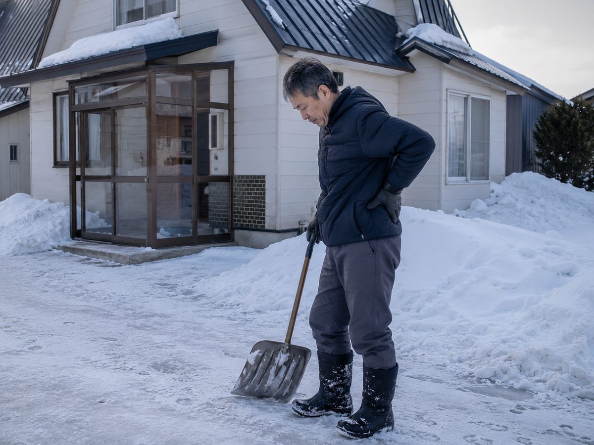 雪かきのあとに腰へ手を当てる人