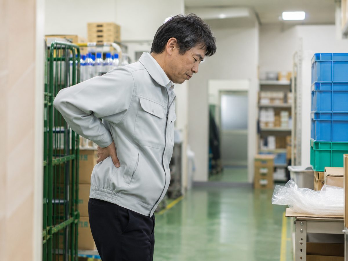 立ち仕事の合間に腰を伸ばす人