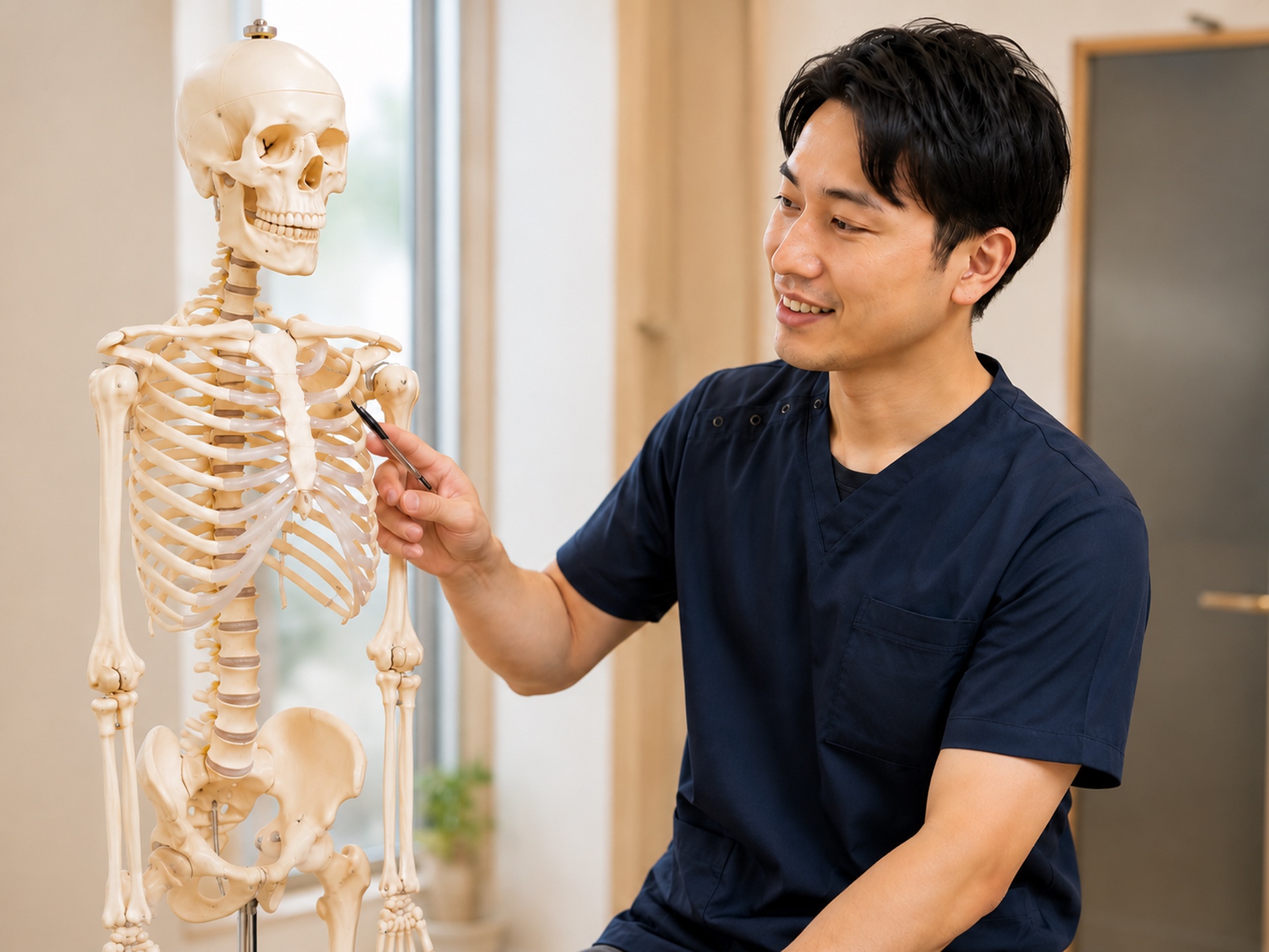 骨模型を使って身体の状態を説明している様子