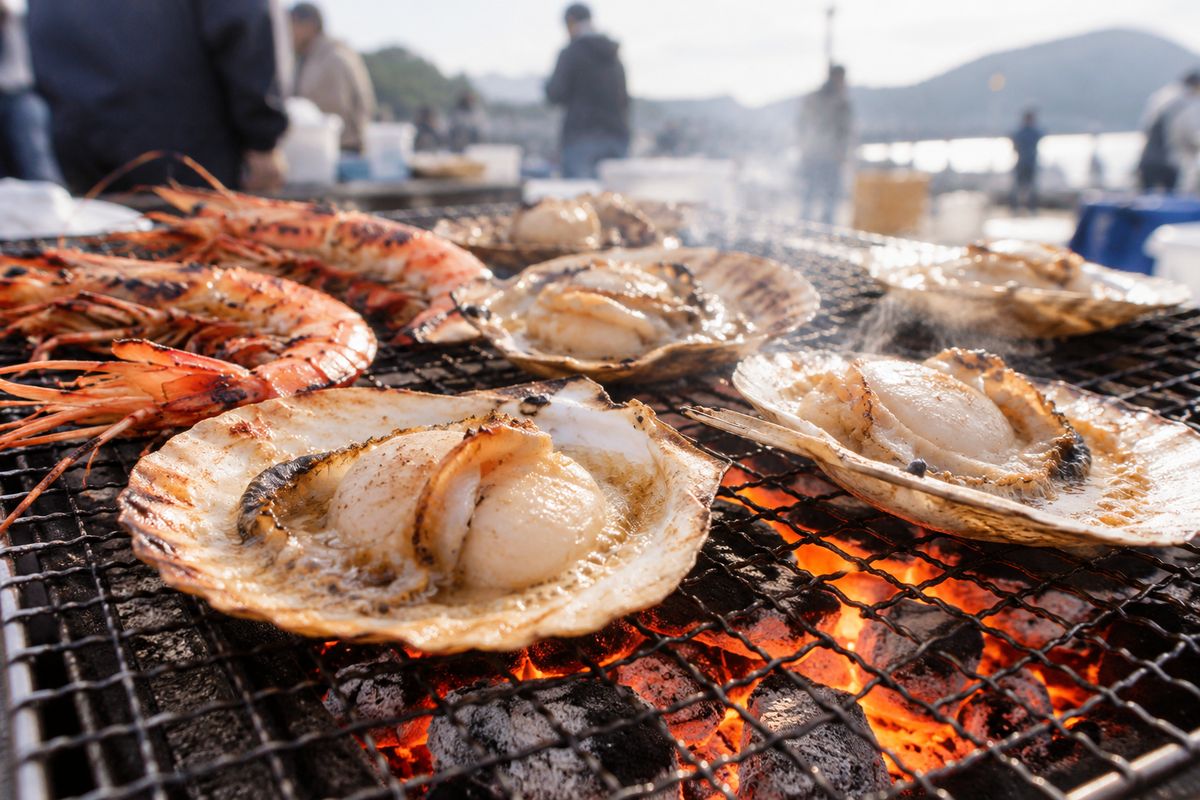 炭火でホタテとえびを焼いている様子(掲載イメージ)