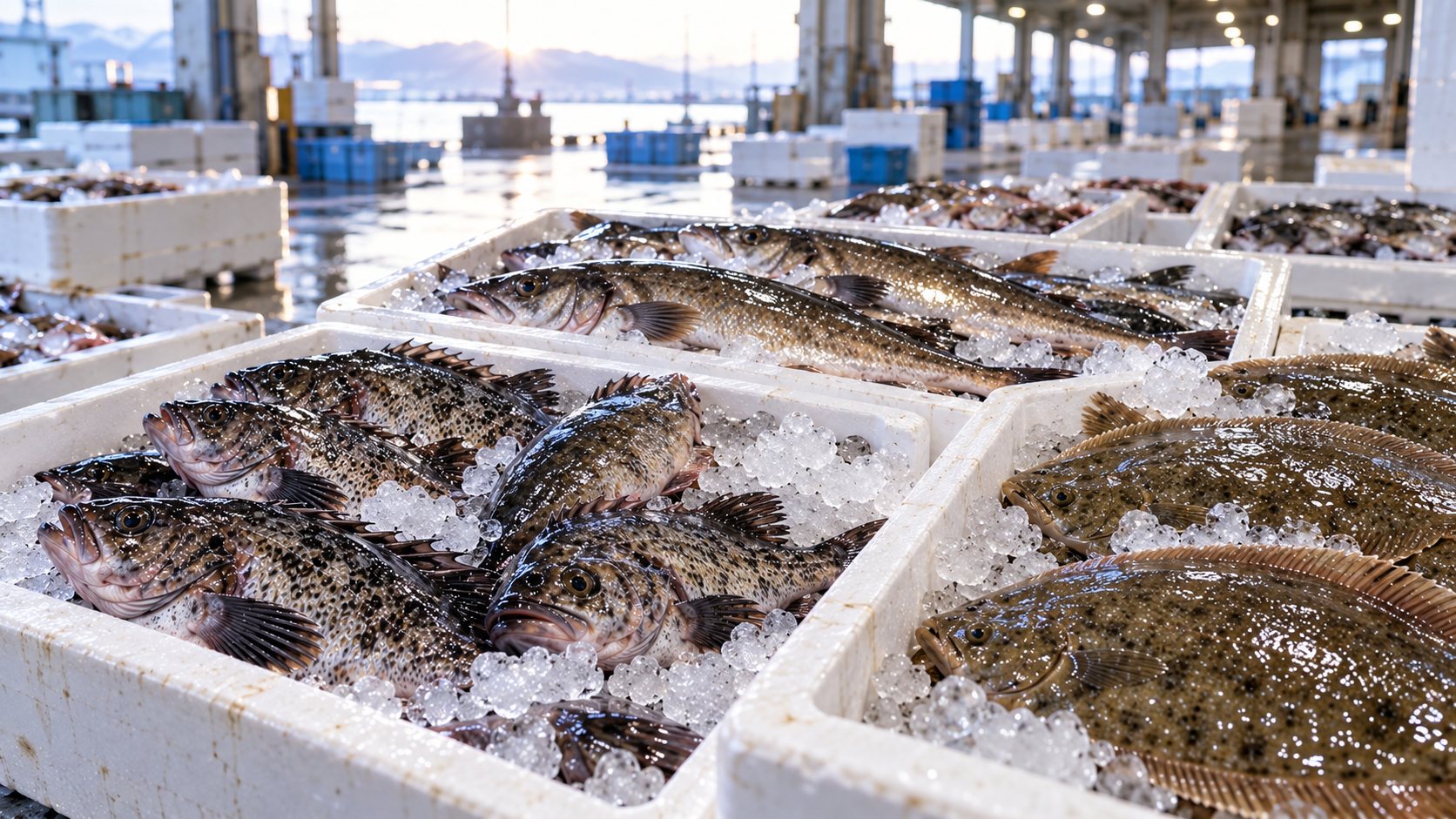 氷を敷いた箱に並ぶソイやカレイなどの魚(掲載イメージ)