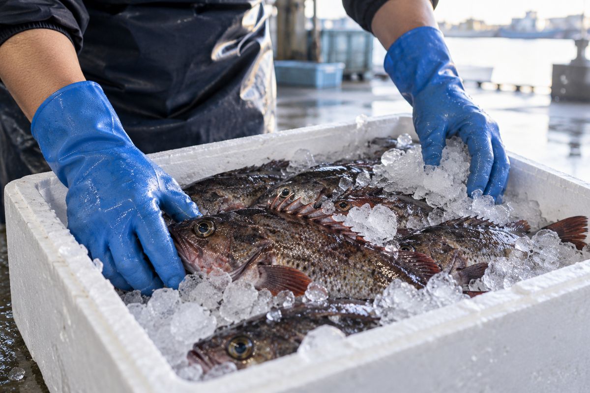 配達の前に魚と氷を箱に詰める手元(掲載イメージ)