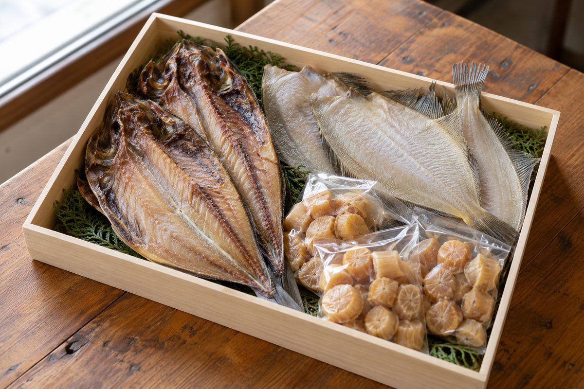 干物と魚介を詰め合わせた贈り物の箱(掲載イメージ)