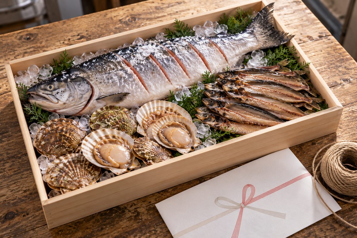 年末の贈り物として木箱に詰めたサケと魚介（掲載イメージ）