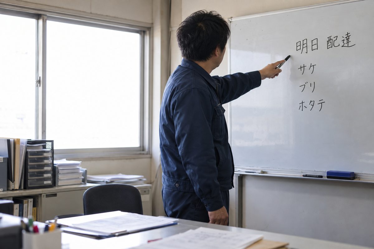 市場の事務所で翌日の段取りを確かめる様子（掲載イメージ）