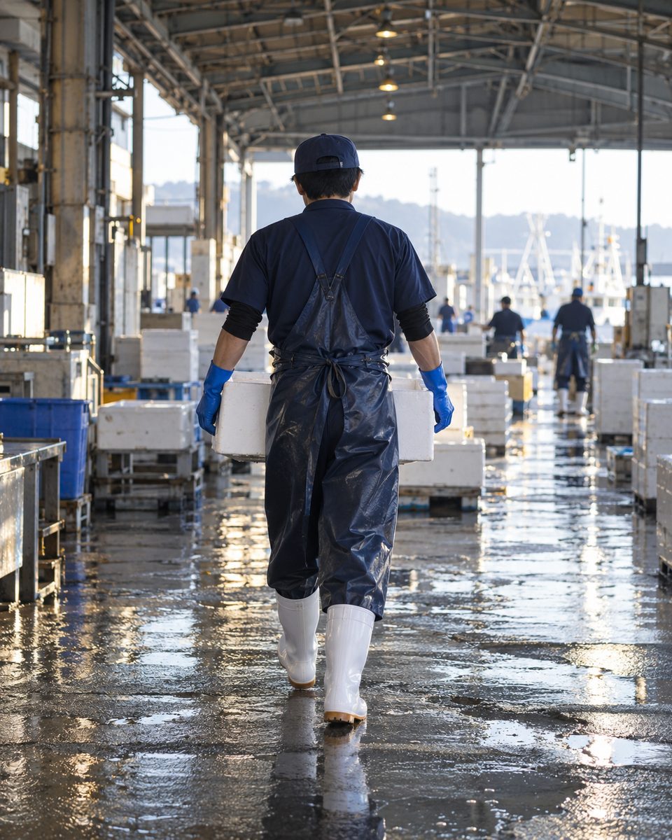 魚の入った箱を運ぶスタッフの後ろ姿（掲載イメージ）