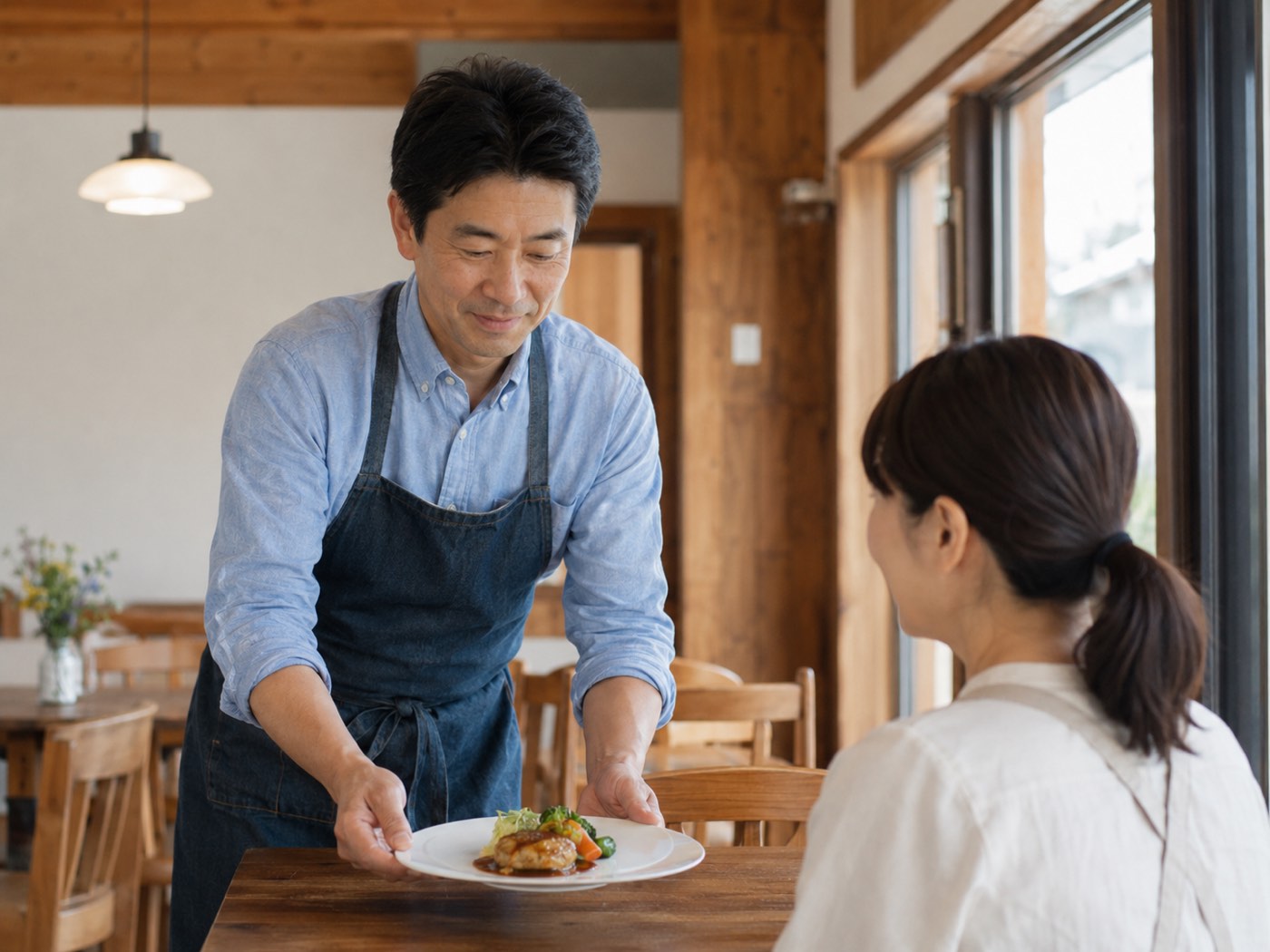 できあがった料理を食堂で配膳するご主人（架空の人物イメージ）