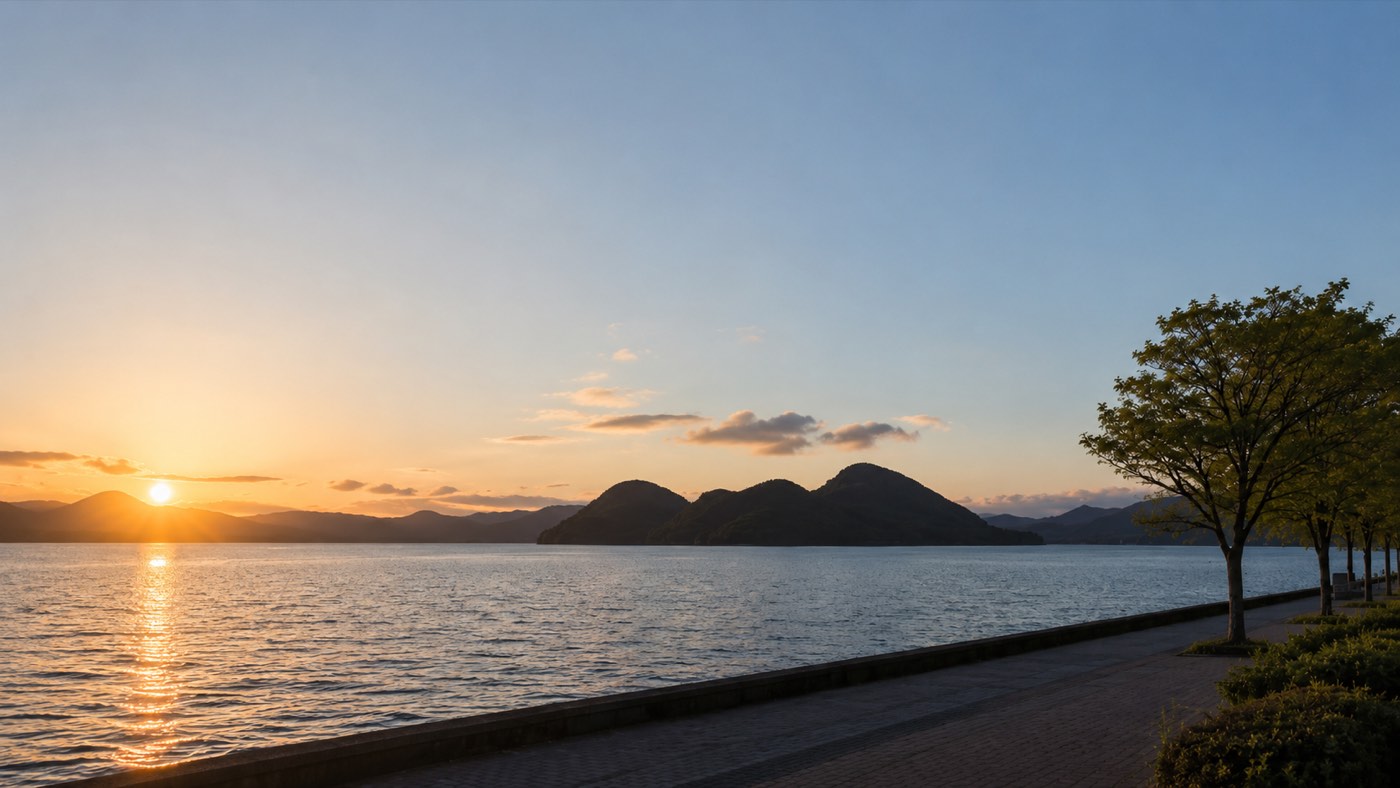 夕暮れの洞爺湖。湖面が茜色に染まる（イメージ）