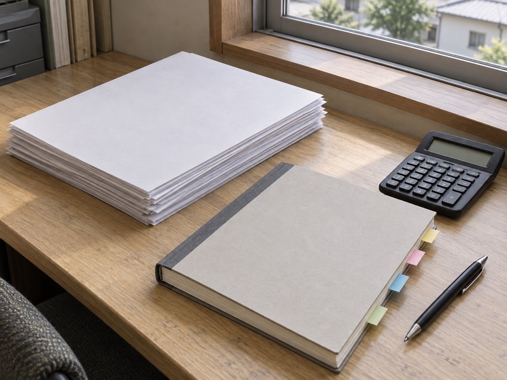 机に並ぶ決算書類とファイル